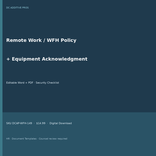 Remote Work WFH Policy Equipment Acknowledgment Pack cover square editable Word PDF
