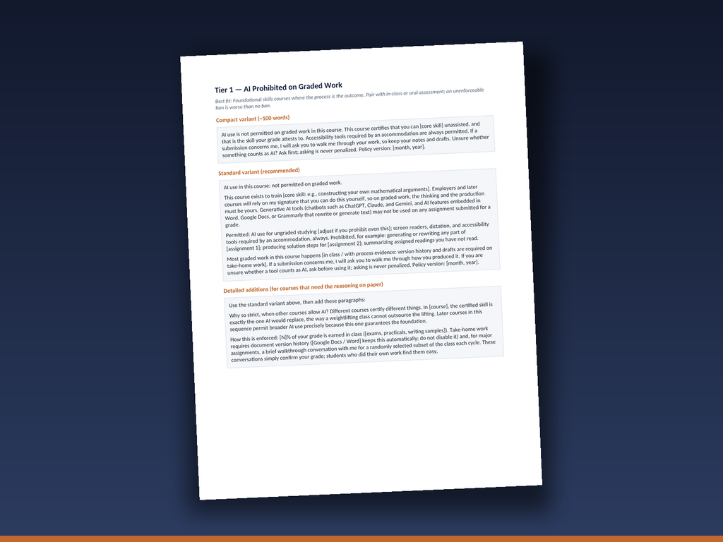 Syllabus AI policy statement library with four tiers of copy ready language