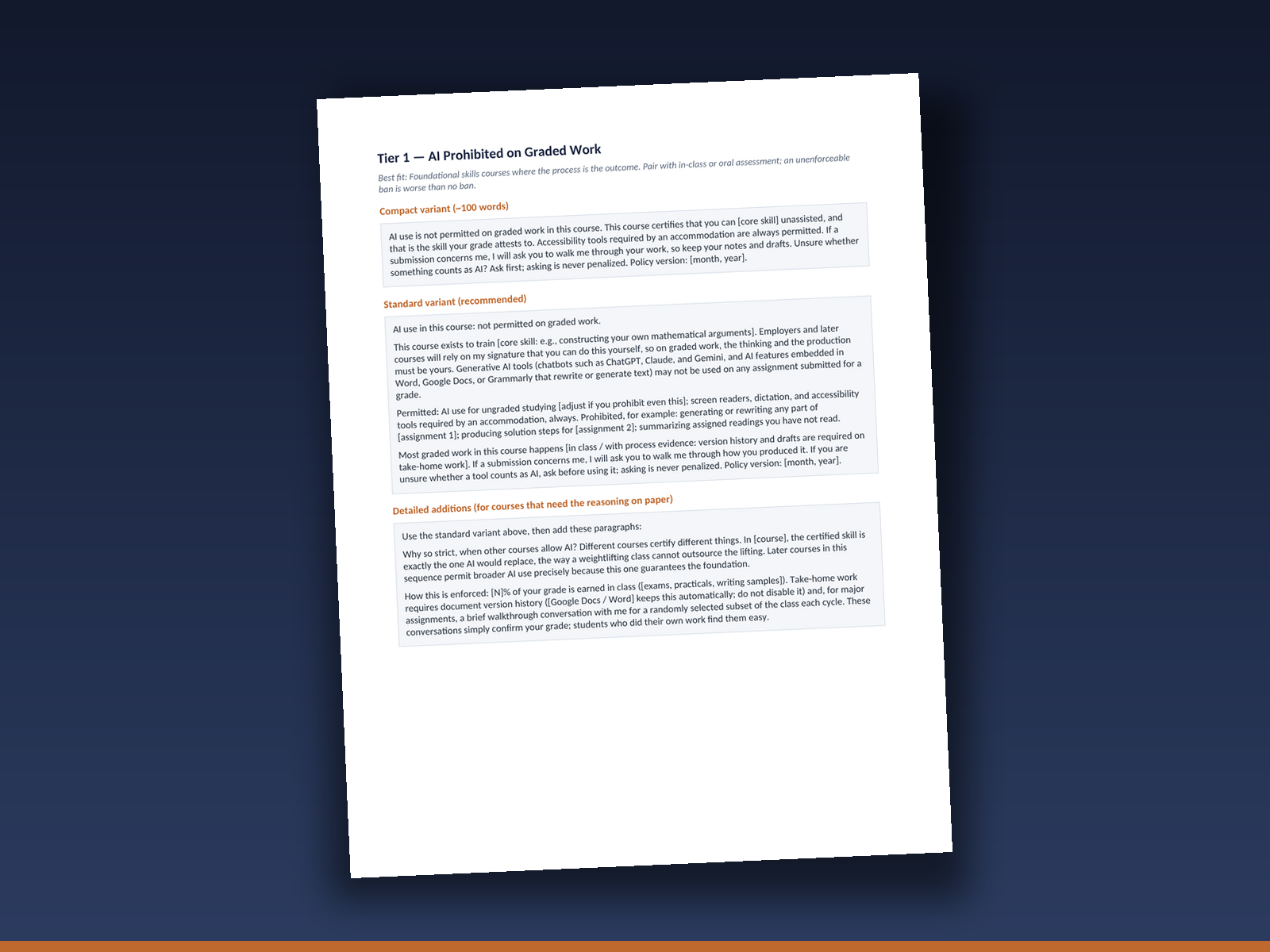 Syllabus AI policy statement library with four tiers of copy ready language