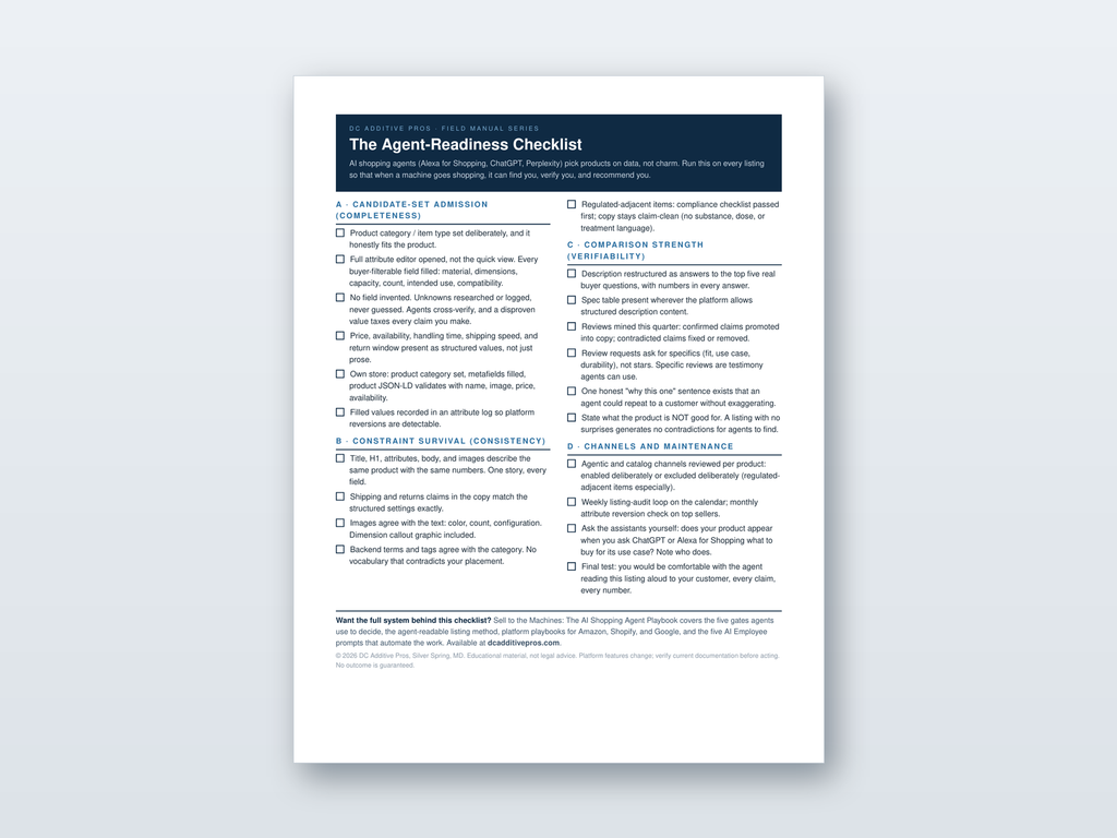 One page Agent-Readiness Checklist from DC Additive Pros showing four sections for making listings readable by AI shopping agents.