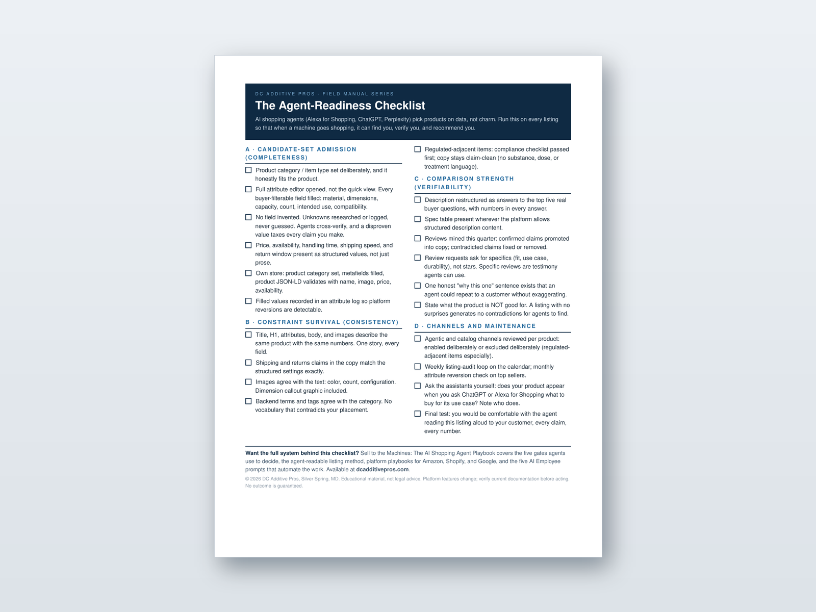 One page Agent-Readiness Checklist from DC Additive Pros showing four sections for making listings readable by AI shopping agents.