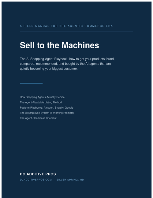 Cover of Sell to the Machines, The AI Shopping Agent Playbook by DC Additive Pros, a dark blue ebook cover listing the five systems inside.