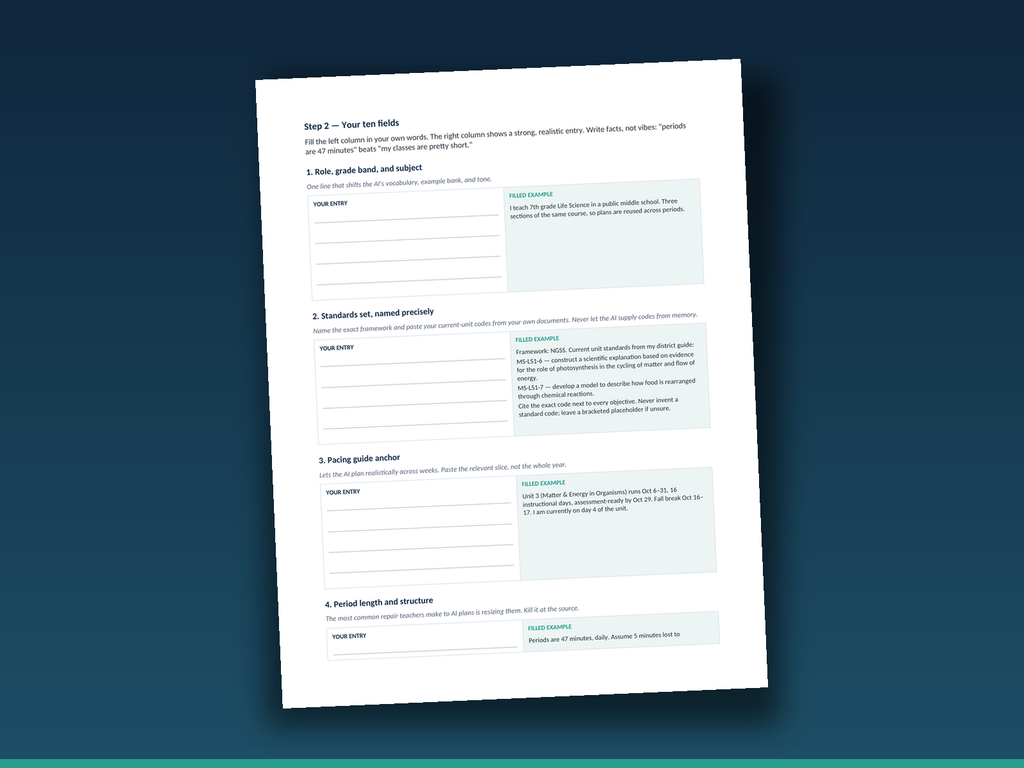 Master Context Document template for teachers with fill in fields and filled examples