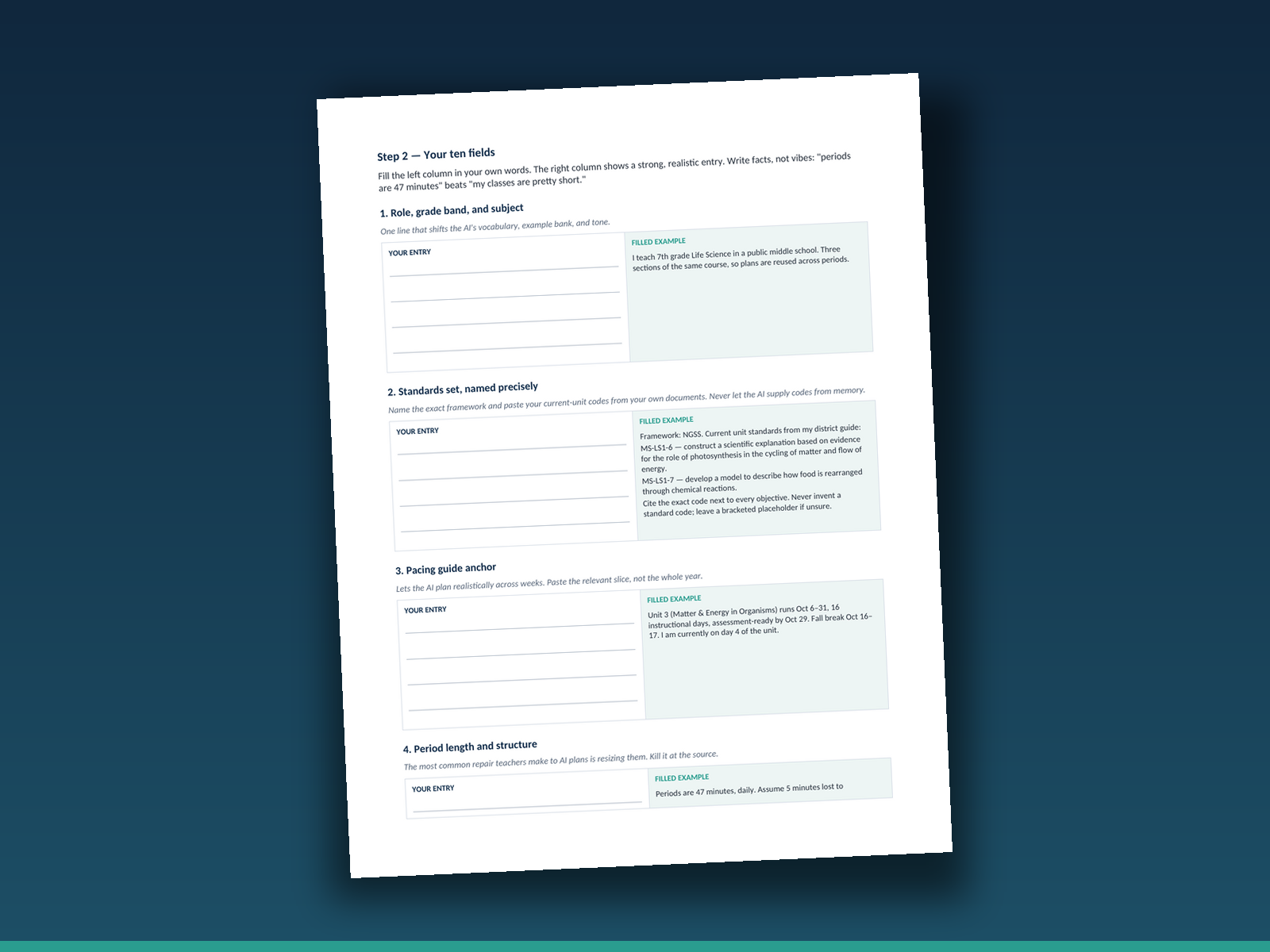 Master Context Document template for teachers with fill in fields and filled examples