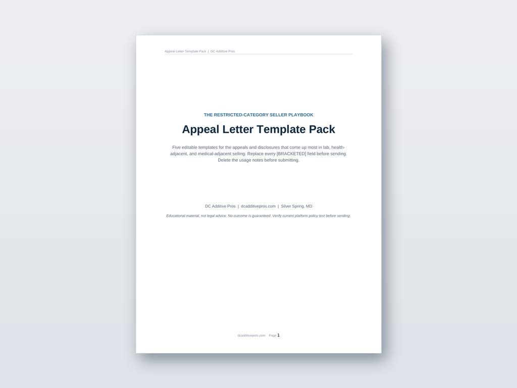Appeal letter template pack preview showing five editable Word templates for Amazon, eBay, and Google Merchant Center appeals.