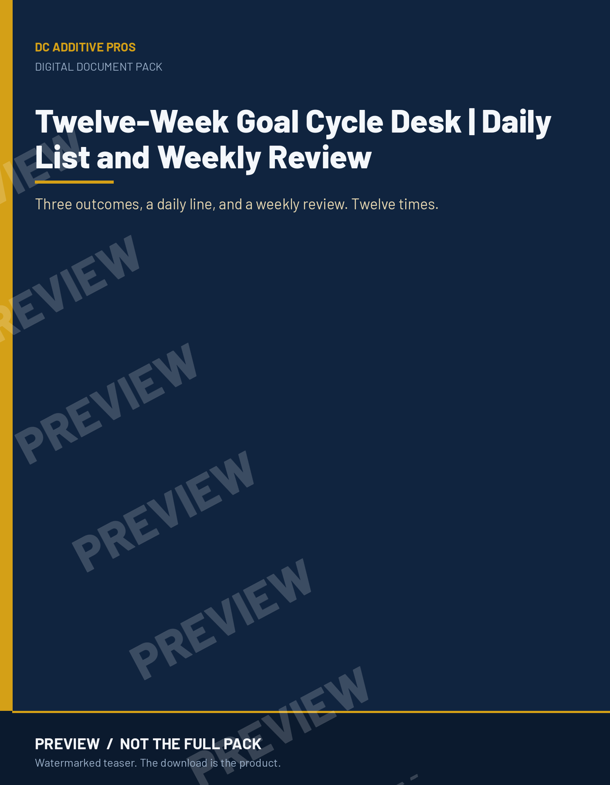 Twelve-Week Goal Cycle Desk | Daily List and Weekly Review preview. PREVIEW / NOT THE FULL PACK