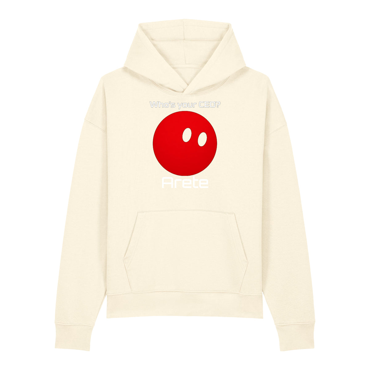 Black Who's your CEO? hoodie with red orb mascot and custom bot name
