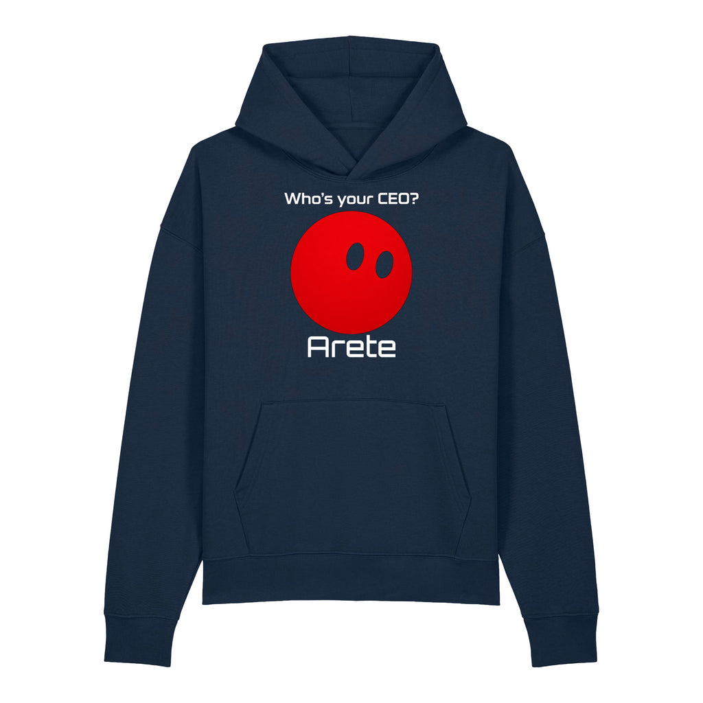 Black Who's your CEO? hoodie with red orb mascot and custom bot name