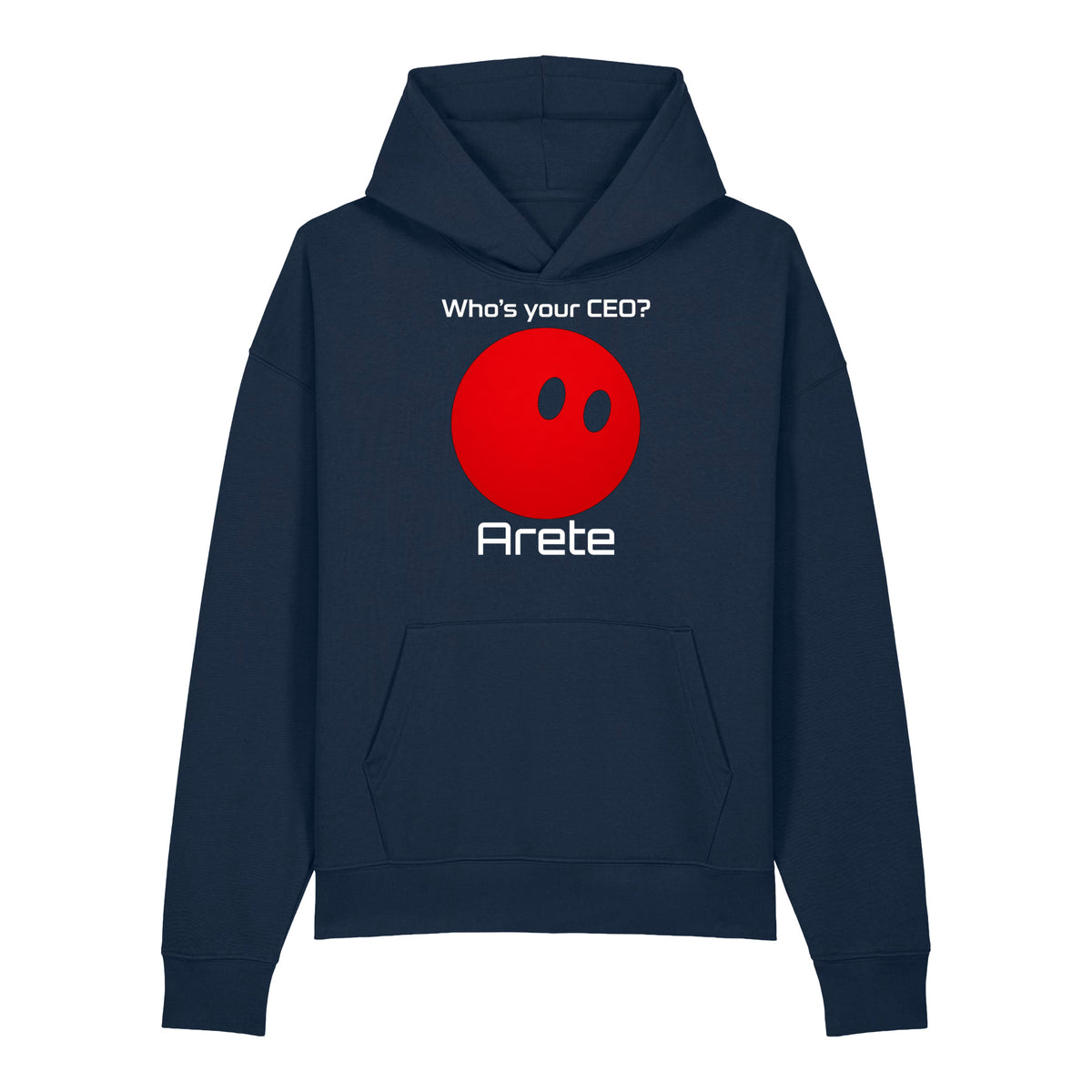Black Who's your CEO? hoodie with red orb mascot and custom bot name