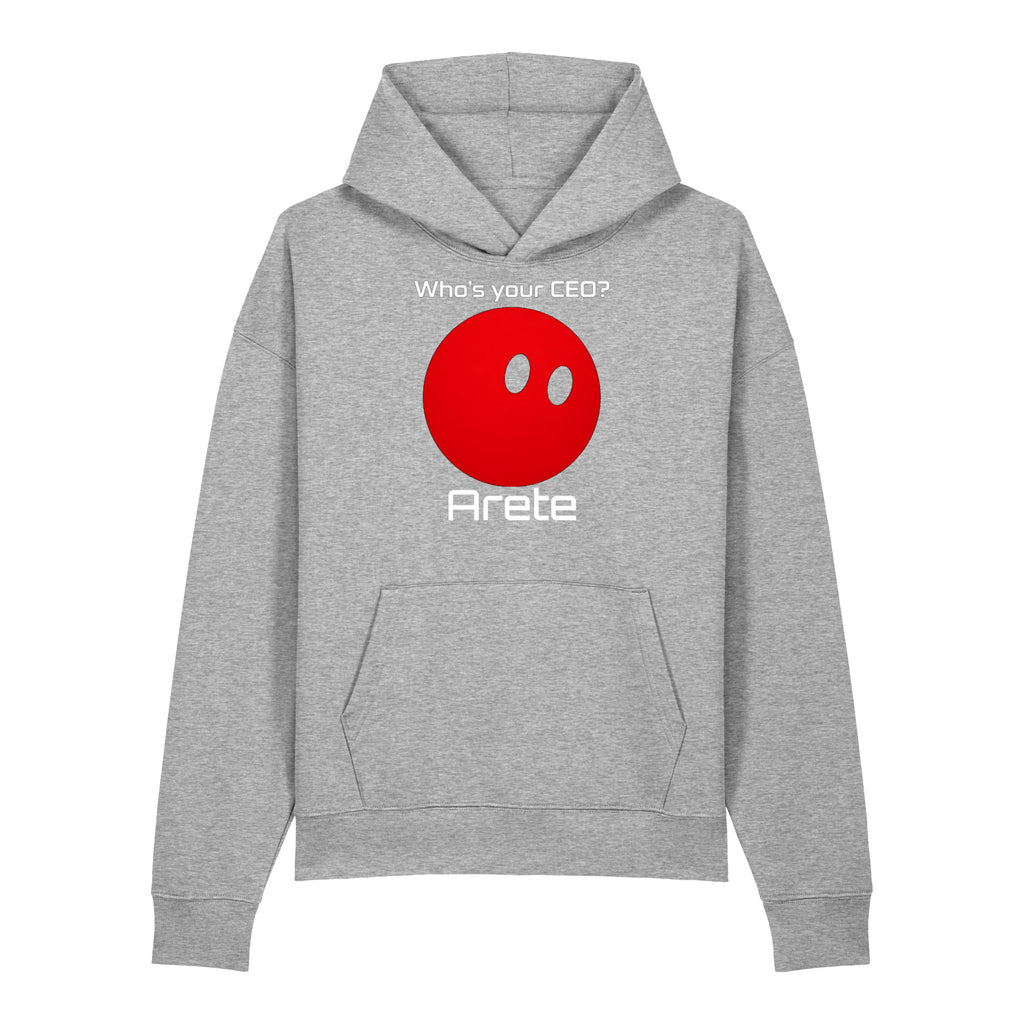 Black Who's your CEO? hoodie with red orb mascot and custom bot name