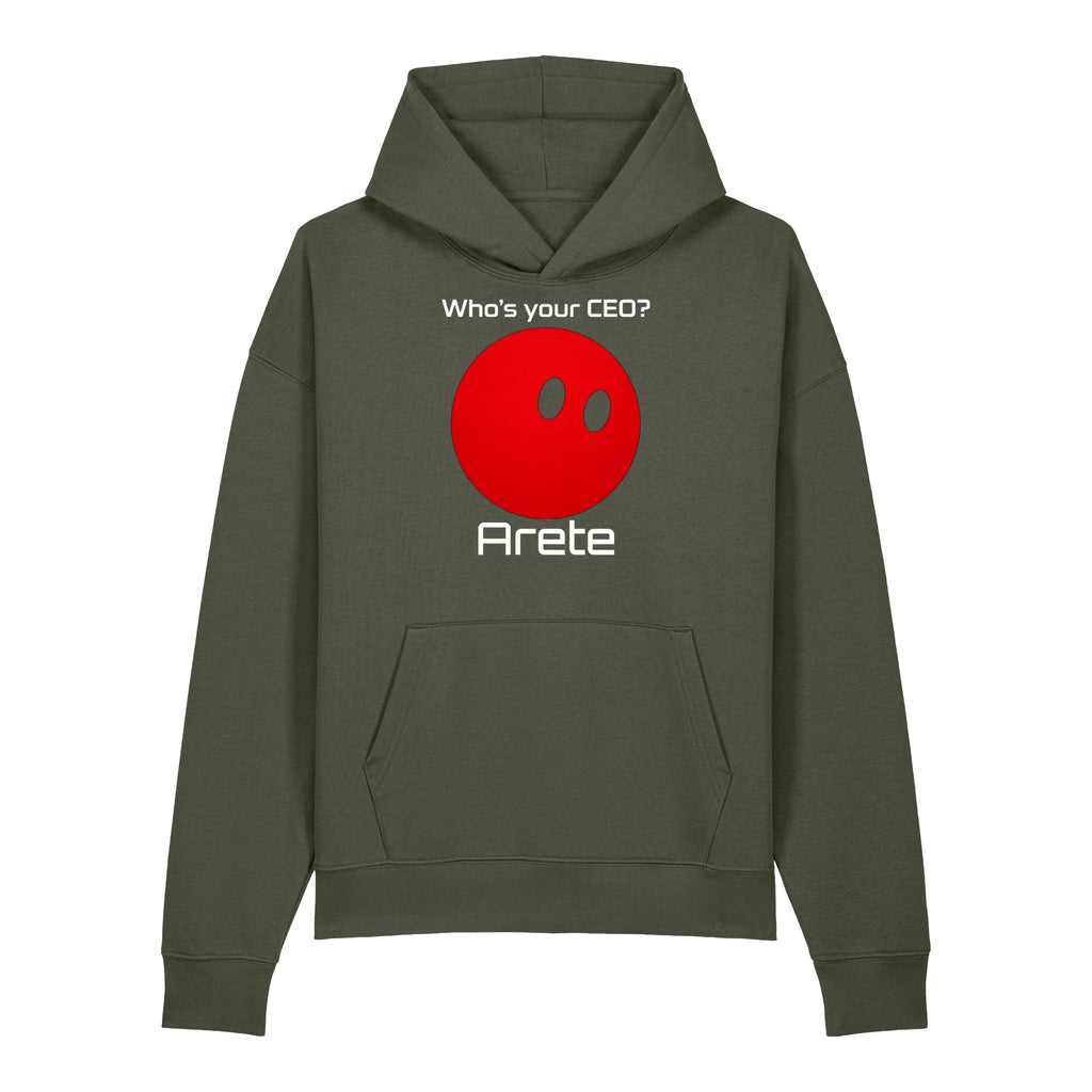 Black Who's your CEO? hoodie with red orb mascot and custom bot name