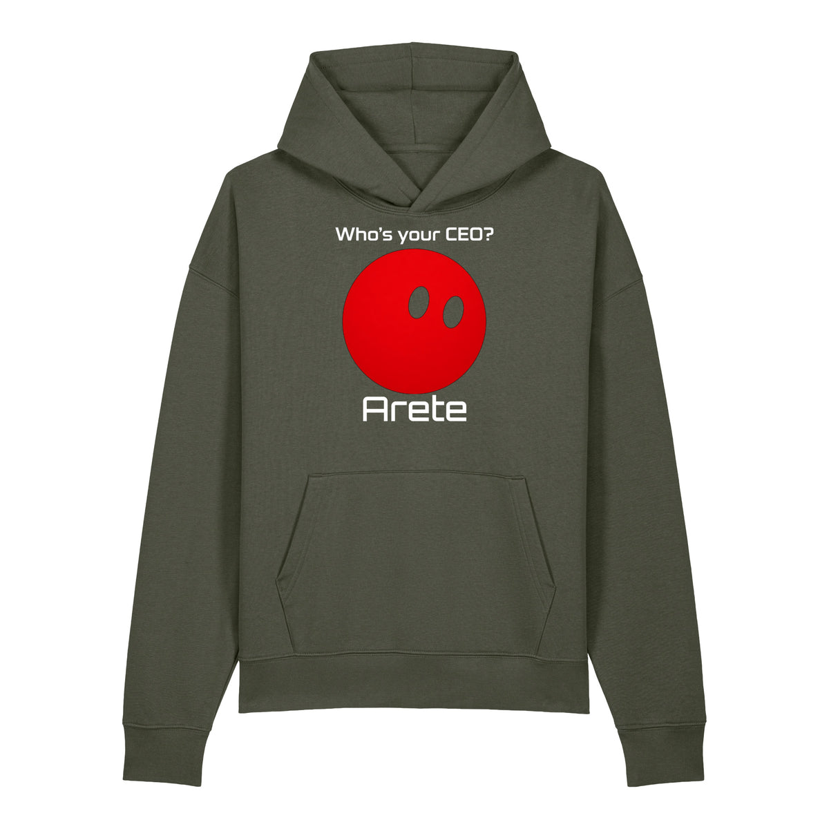 Black Who's your CEO? hoodie with red orb mascot and custom bot name