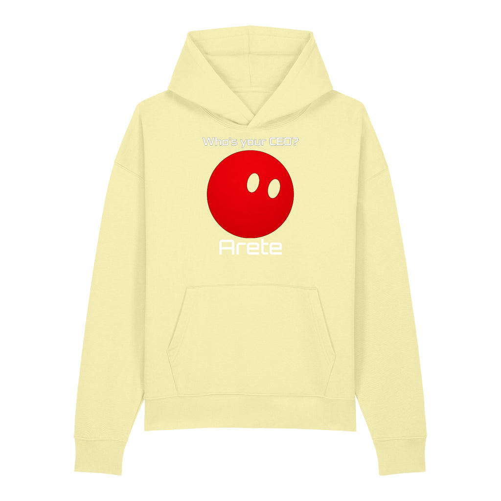 Black Who's your CEO? hoodie with red orb mascot and custom bot name