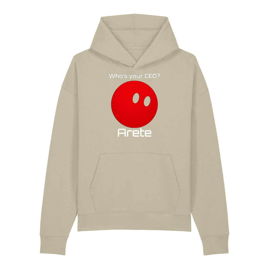 Black Who's your CEO? hoodie with red orb mascot and custom bot name