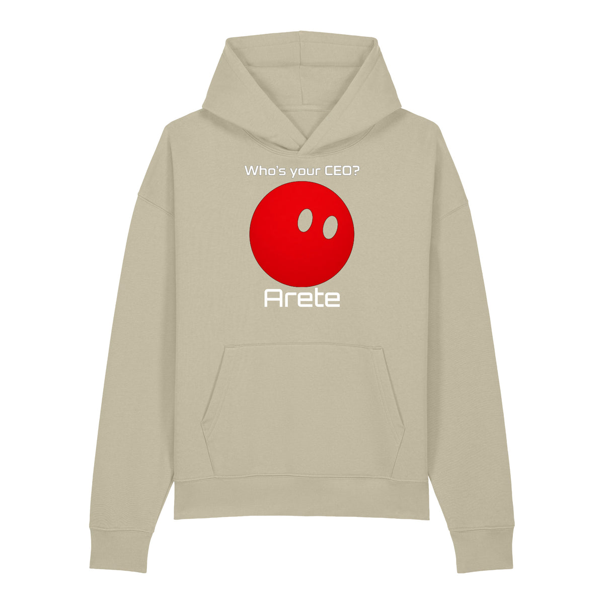 Black Who's your CEO? hoodie with red orb mascot and custom bot name