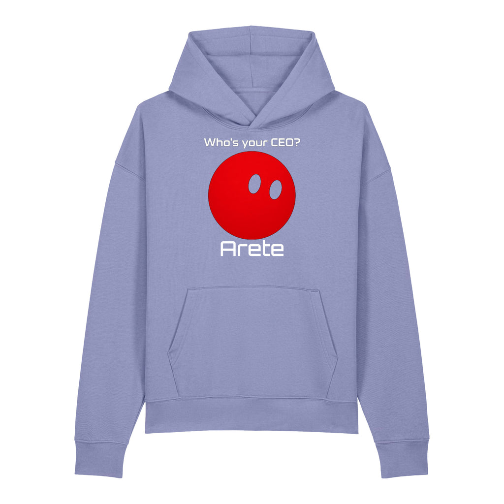 Black Who's your CEO? hoodie with red orb mascot and custom bot name