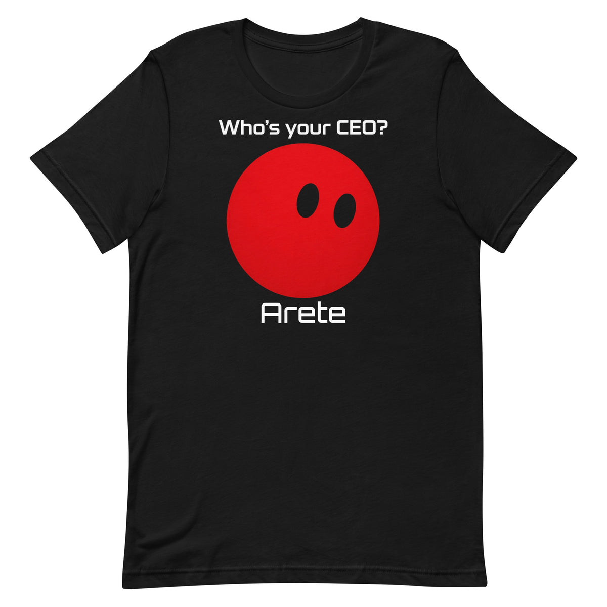 Black Who's your CEO? tee with red orb mascot and custom bot name